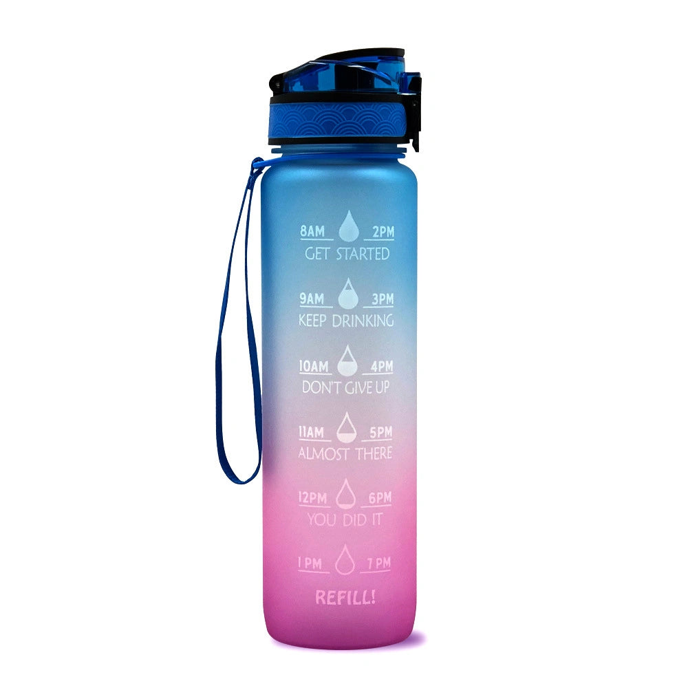Water Bottle With Time Marker Cute Reusable Sports Gym Leak Proof Refillable Hiking Camping Travel Water Bottle, 1L Tritan