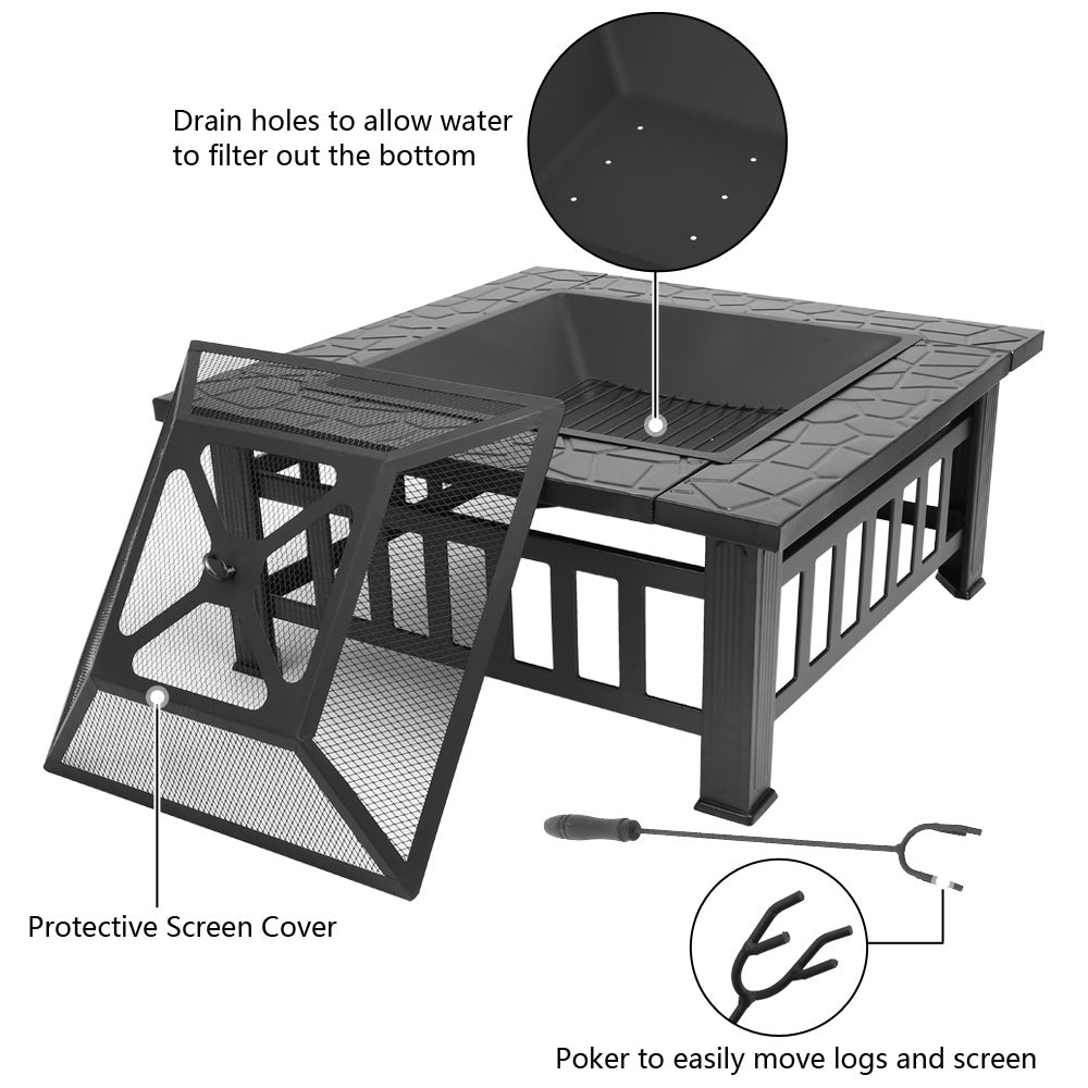32 Inch Heavy Duty 3-in-1 Metal Square Outdoor Camping Firepit