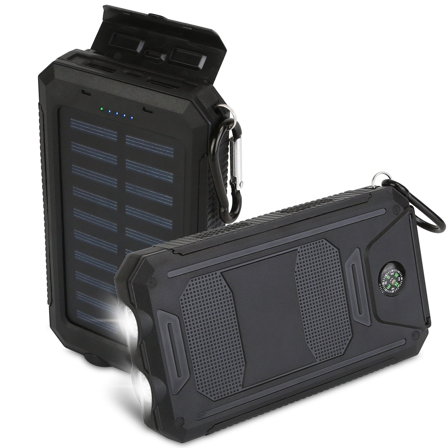 Portable 10000mAh Solar Charger Power Bank for Camping with Dual USB Ports, Battery Indicators, SOS LED Lights & Built-in Compass
