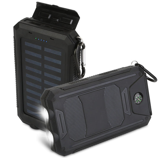 Portable 10000mAh Solar Charger Power Bank for Camping with Dual USB Ports, Battery Indicators, SOS LED Lights & Built-in Compass