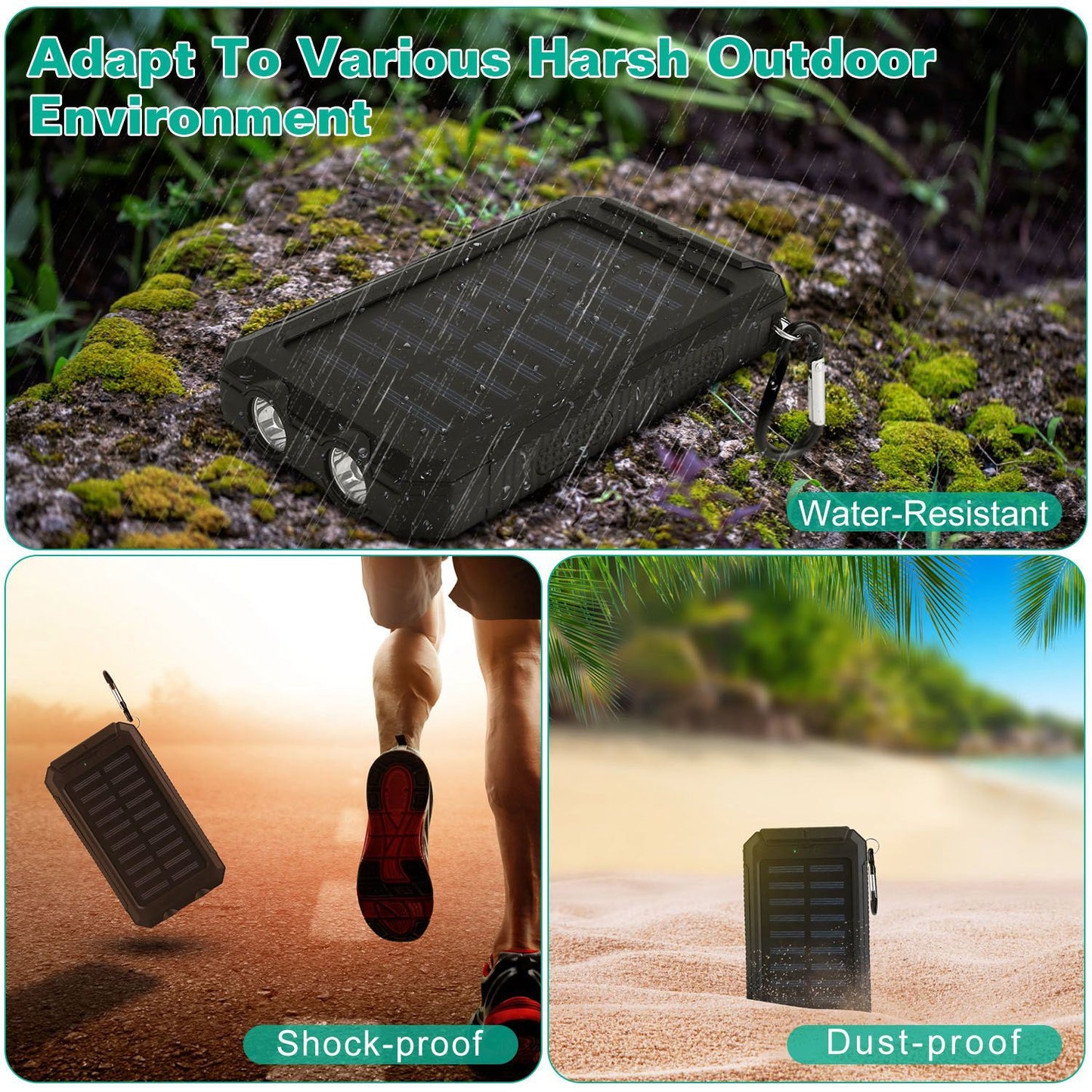 Portable 10000mAh Solar Charger Power Bank for Camping with Dual USB Ports, Battery Indicators, SOS LED Lights & Built-in Compass