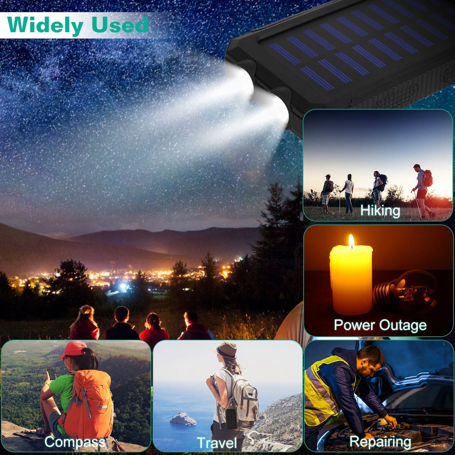Portable 10000mAh Solar Charger Power Bank for Camping with Dual USB Ports, Battery Indicators, SOS LED Lights & Built-in Compass