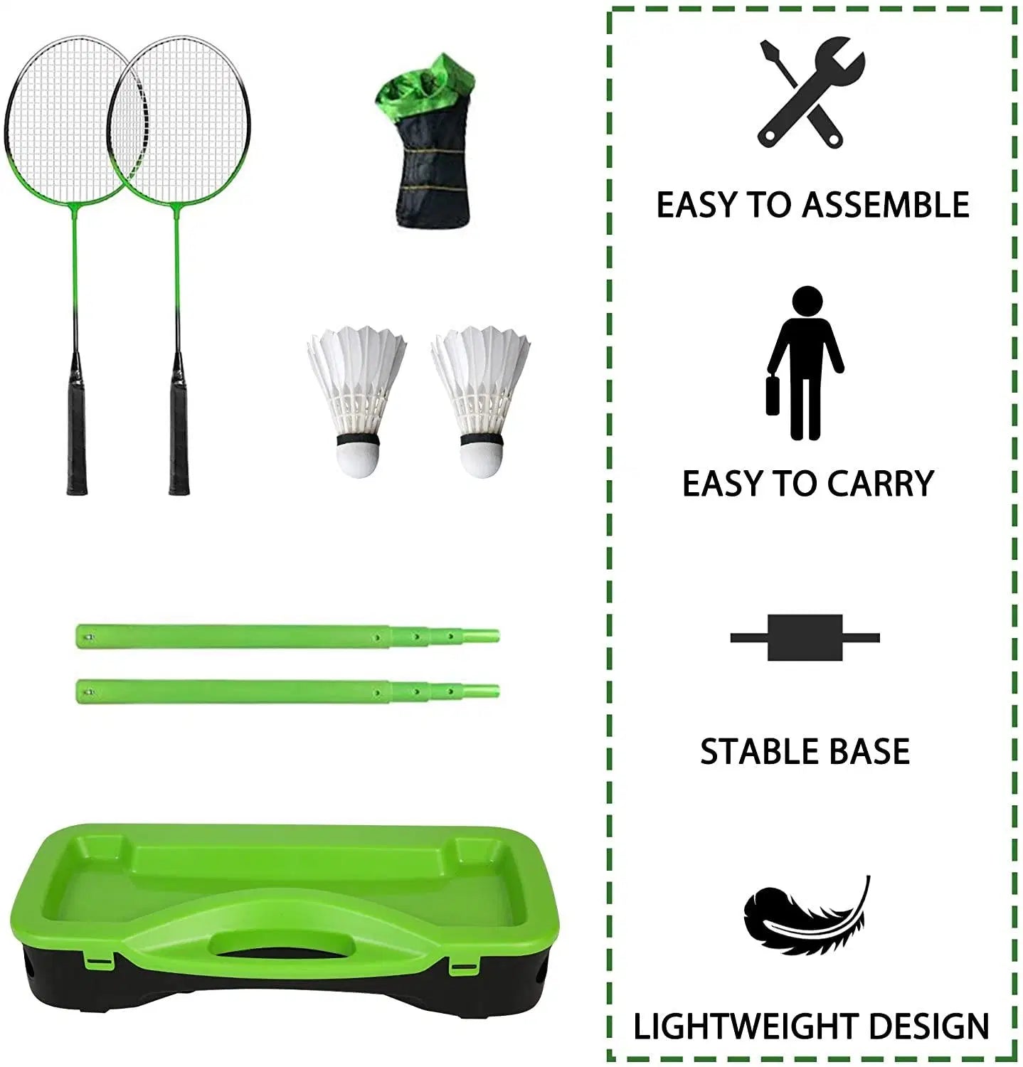 Portable Badminton Net Set Storage Box Base with 2 Battledores 2 Shuttlecocks Large; Green