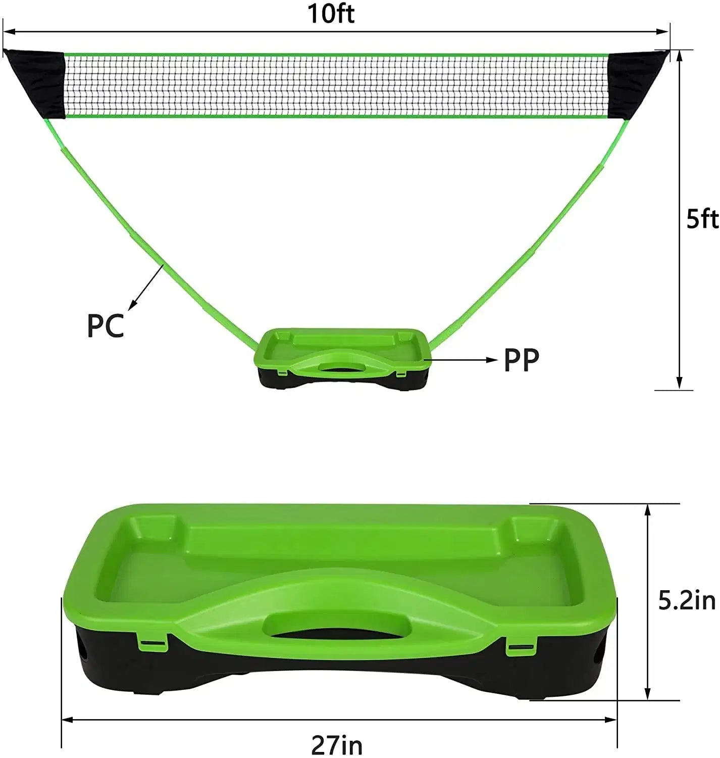 Portable Badminton Net Set Storage Box Base with 2 Battledores 2 Shuttlecocks Large; Green