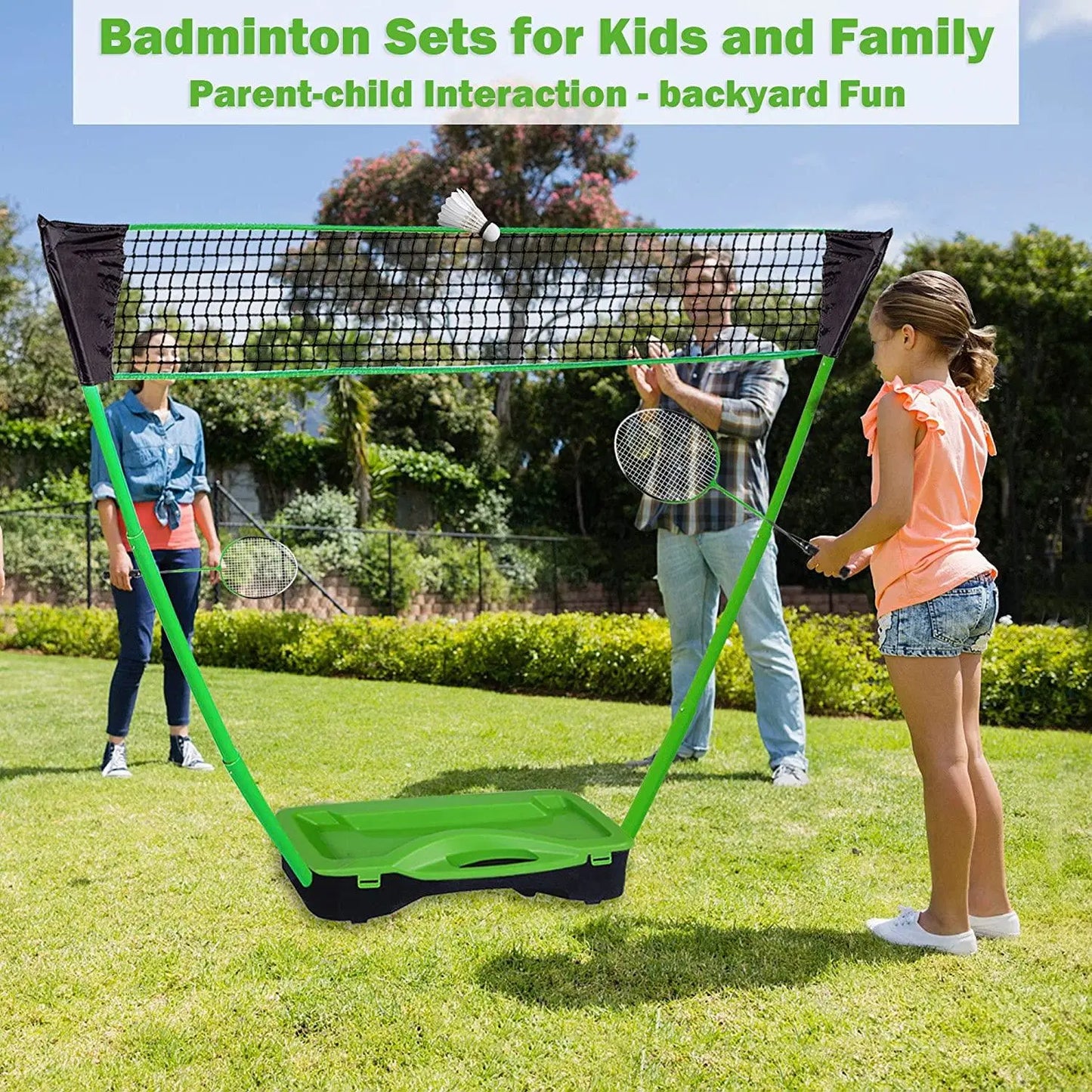 Portable Badminton Net Set Storage Box Base with 2 Battledores 2 Shuttlecocks Large; Green