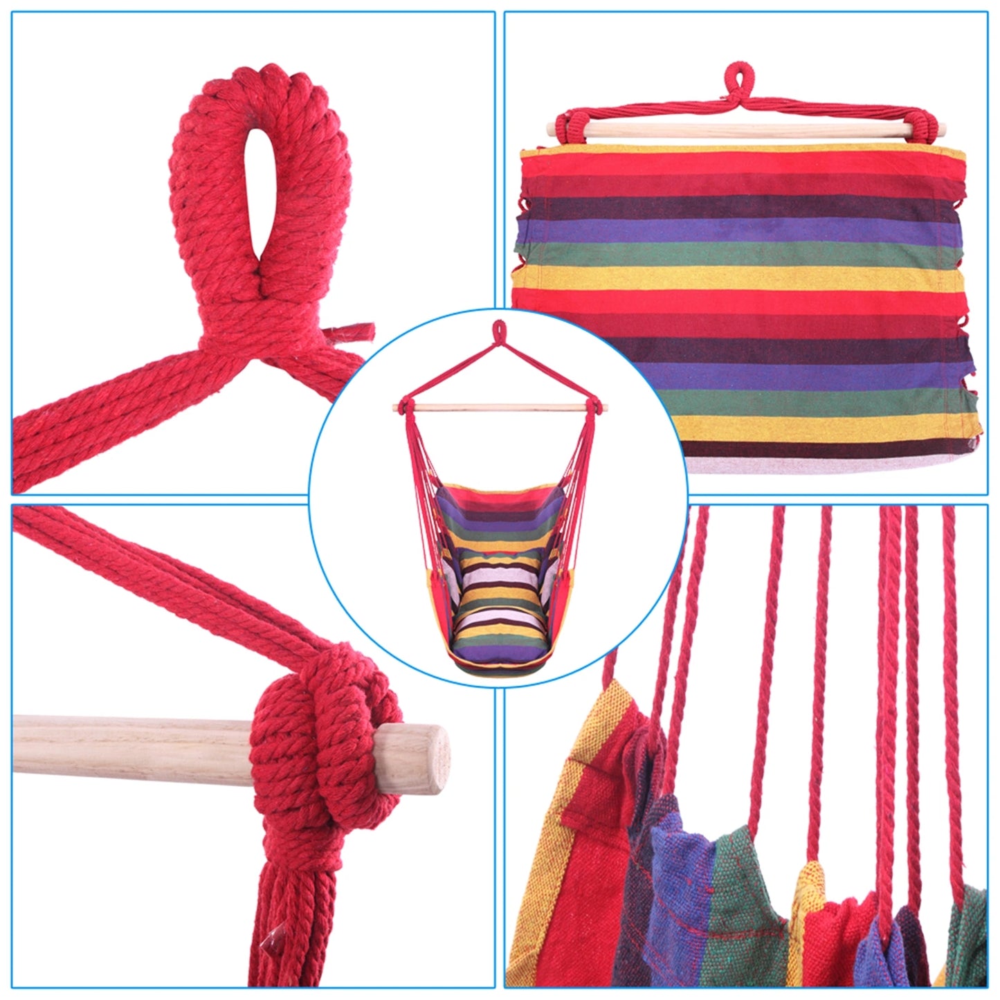 Free shipping Distinctive Cotton Canvas Hanging Rope Chair with Pillows Rainbow