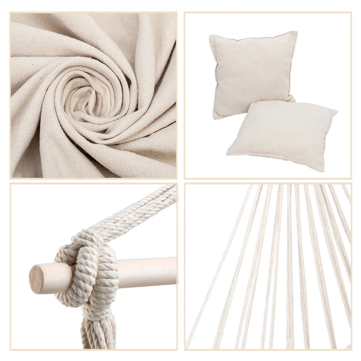 Hammock Chair Distinctive Cotton Canvas Rope Swing Hanging Chair Camping Chair for Bedroom Outside with Pillows Beige