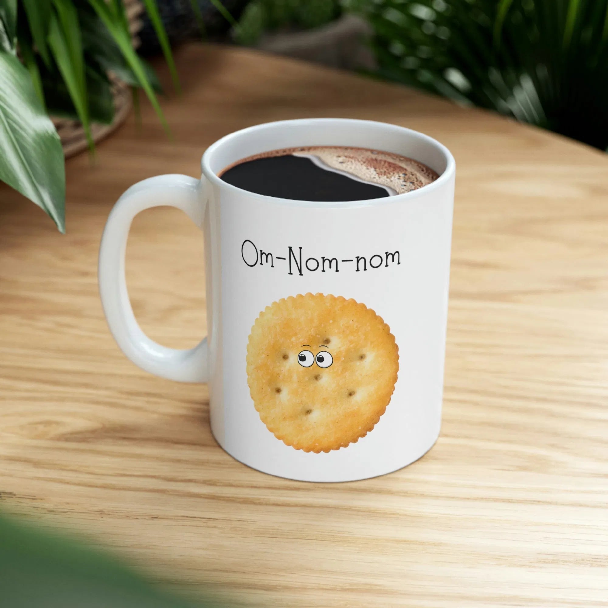 Ceramic Coffee Mug - Omnomnom' Design - 11oz White, Durable, Microwave and Dishwasher Safe - Ideal for All Beverage Lovers