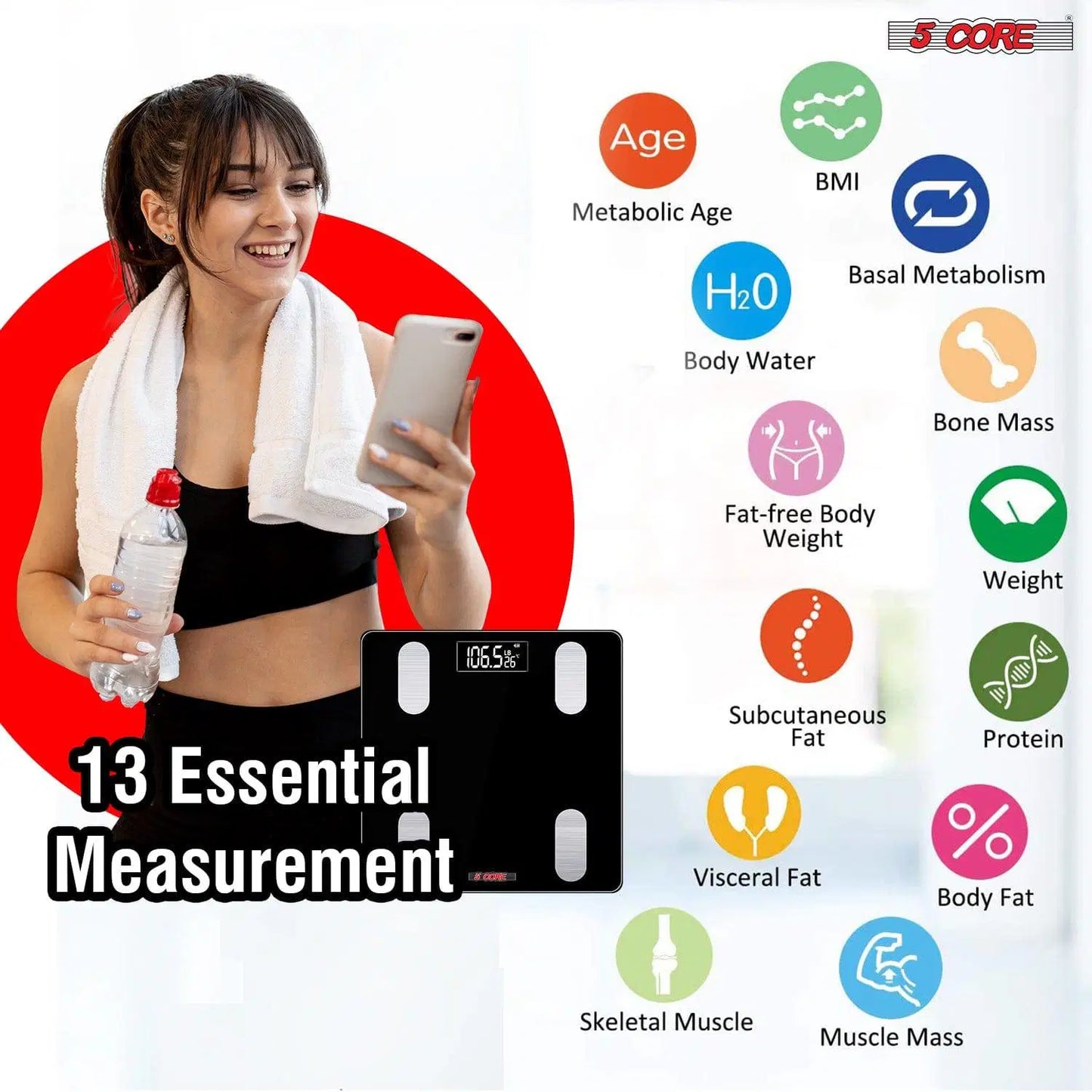 Bluetooth Smart Bathroom Scale: Body Fat, BMI, Water Weight Analyzer - 400 lbs