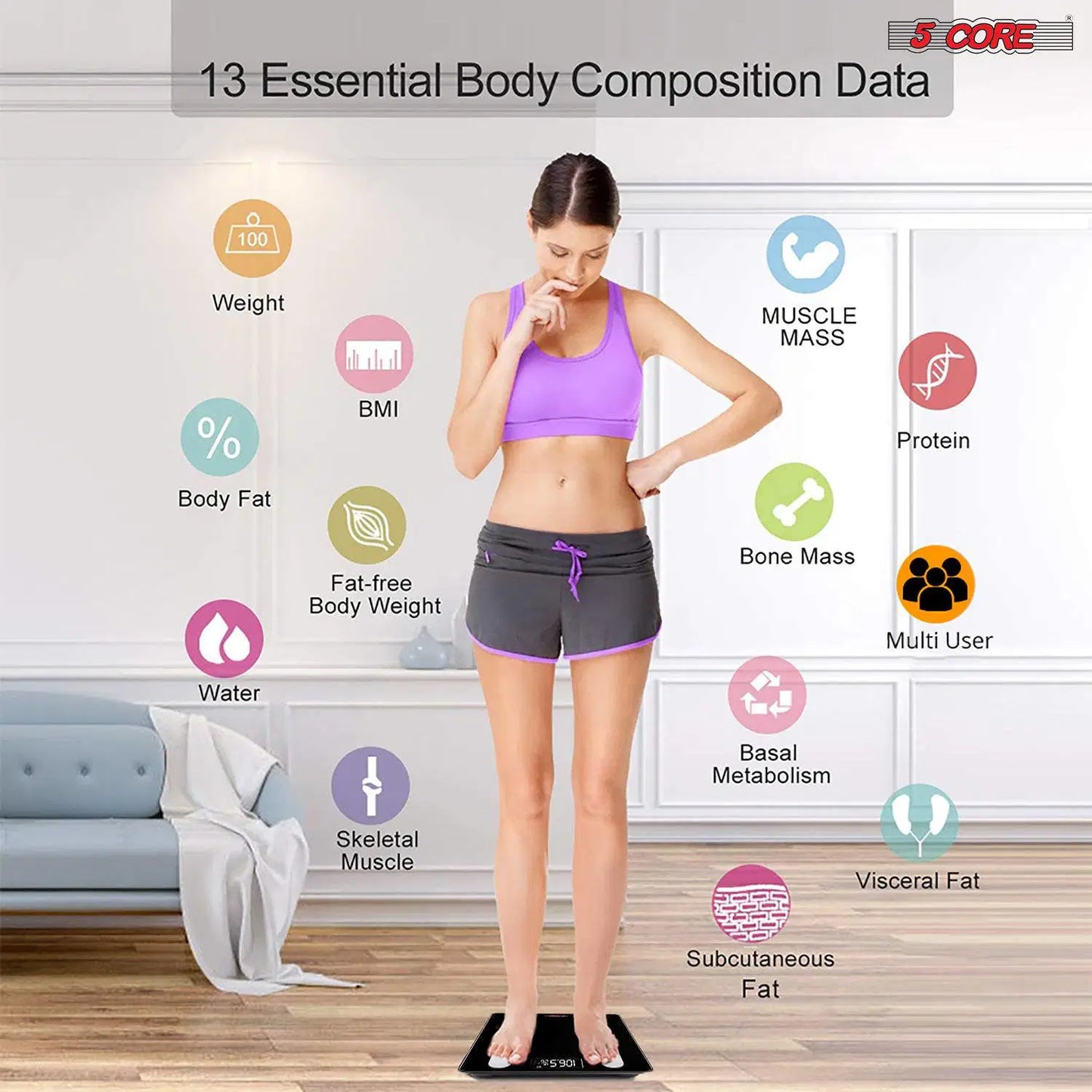 Bluetooth Smart Bathroom Scale: Body Fat, BMI, Water Weight Analyzer - 400 lbs