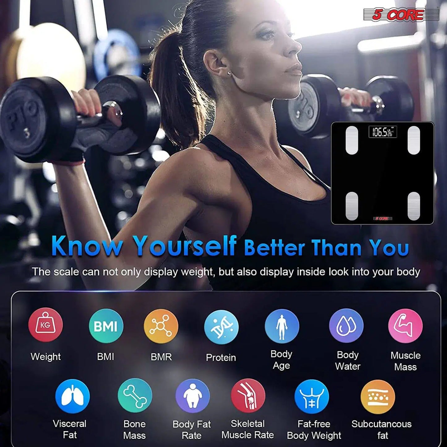 Bluetooth Smart Bathroom Scale: Body Fat, BMI, Water Weight Analyzer - 400 lbs