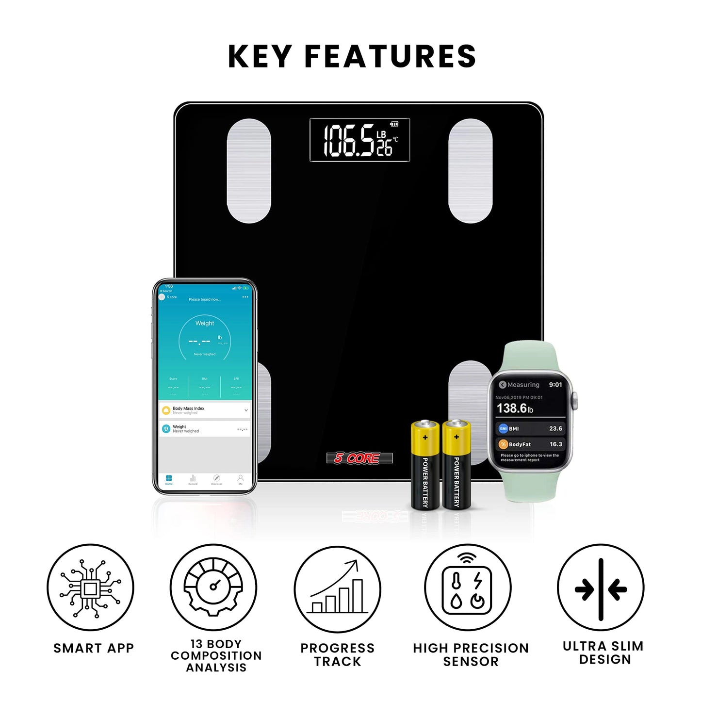 Bluetooth Smart Bathroom Scale: Body Fat, BMI, Water Weight Analyzer - 400 lbs
