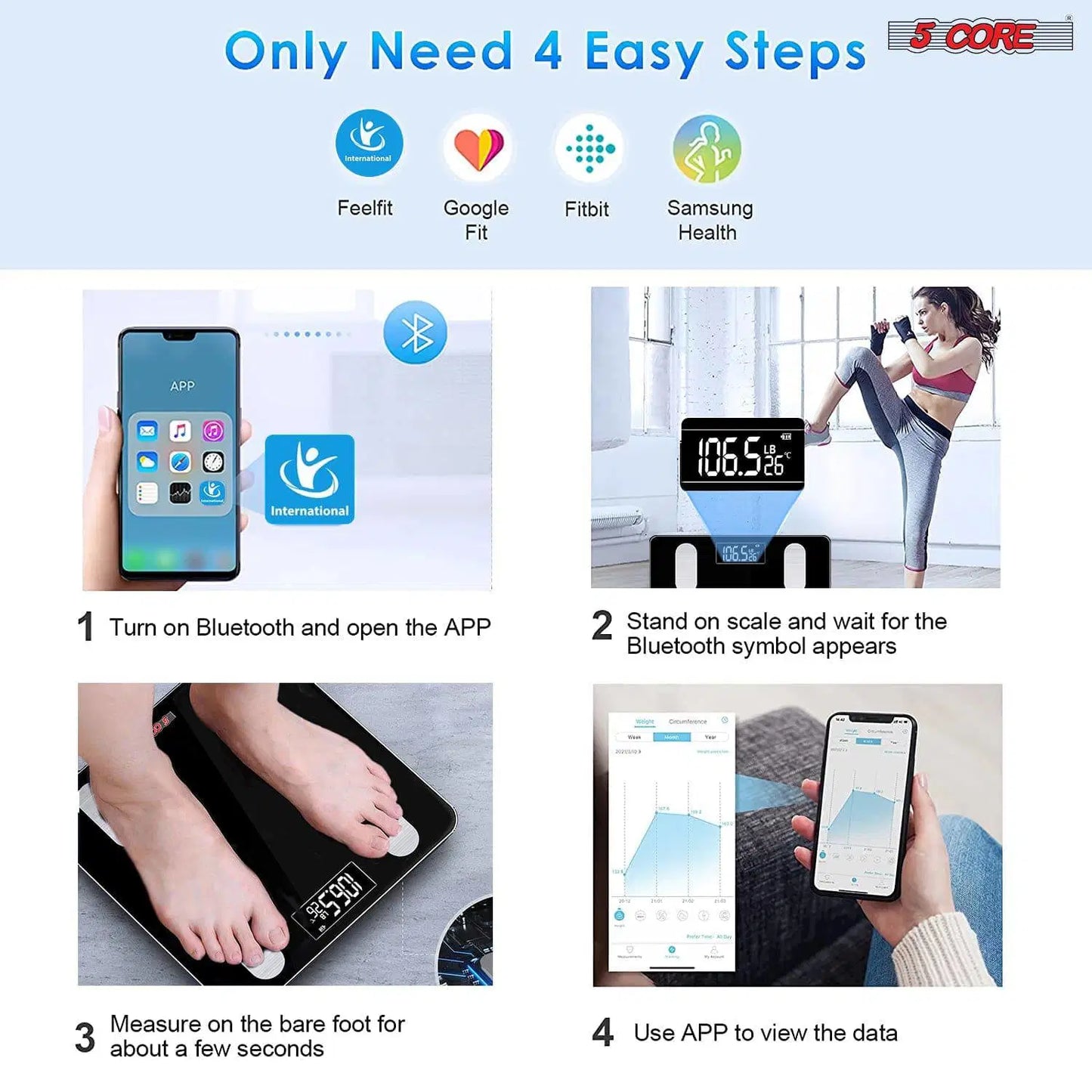 Bluetooth Smart Bathroom Scale: Body Fat, BMI, Water Weight Analyzer - 400 lbs