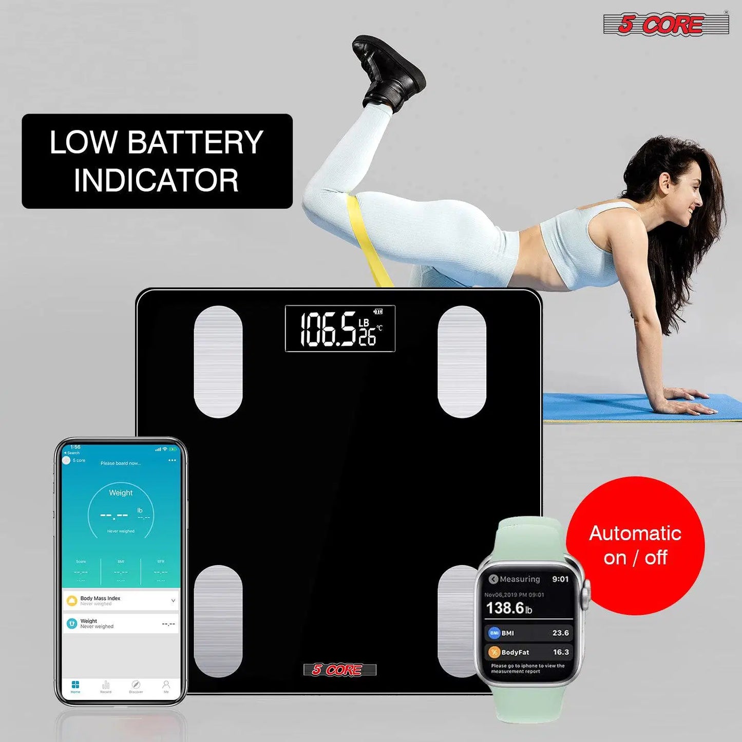Bluetooth Smart Bathroom Scale: Body Fat, BMI, Water Weight Analyzer - 400 lbs