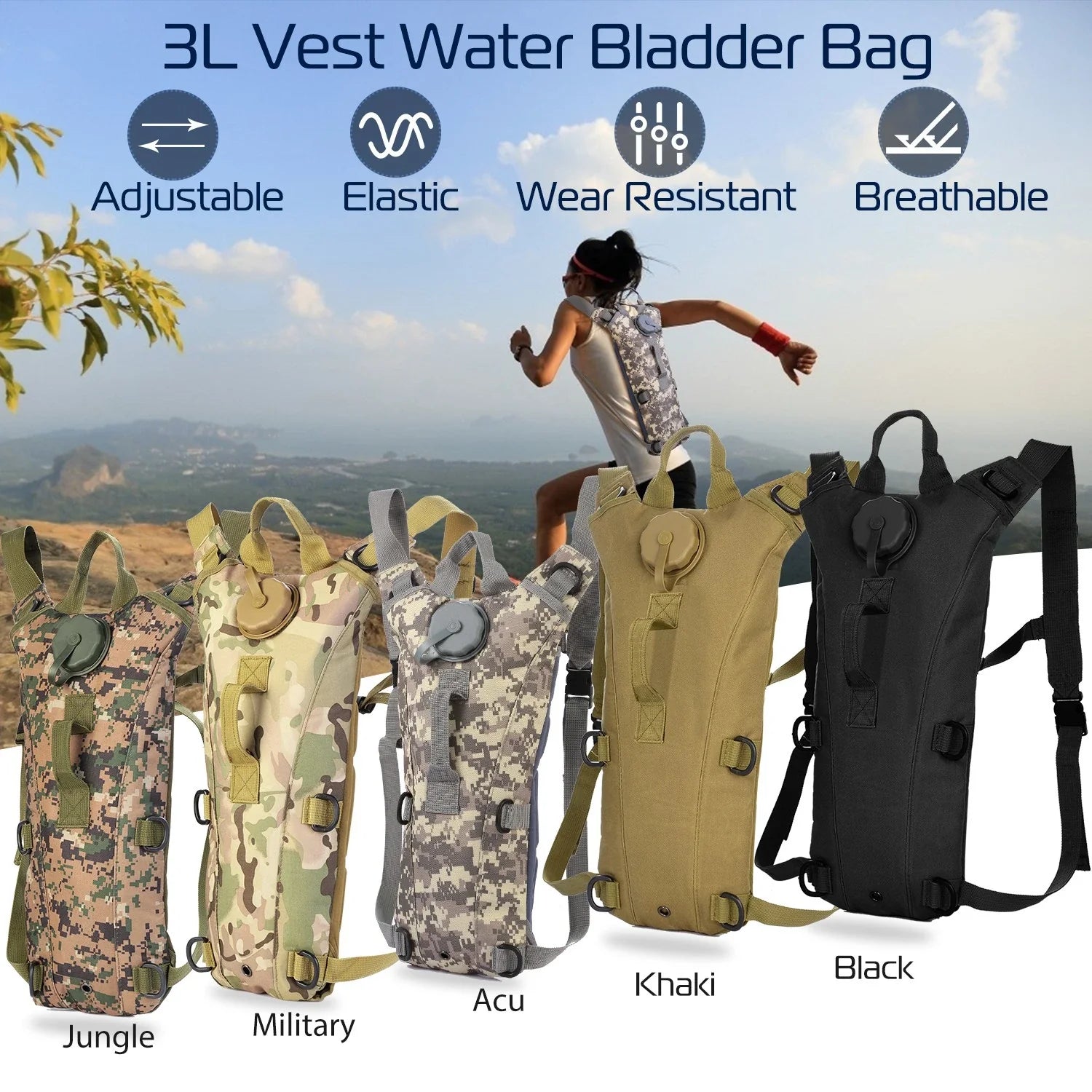 Tactical Hydration Backpack Water Pack Hydration Bladder Leak Proof 3L Water Bag for Camping Running Climbing Biking Hiking
