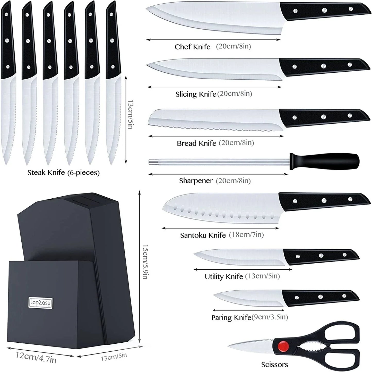 Knife Sets for Kitchen With Block - Cooking Utensils Set Stainless Steel Chef Knife Set - 15 Pieces Kitchen Knives Gift