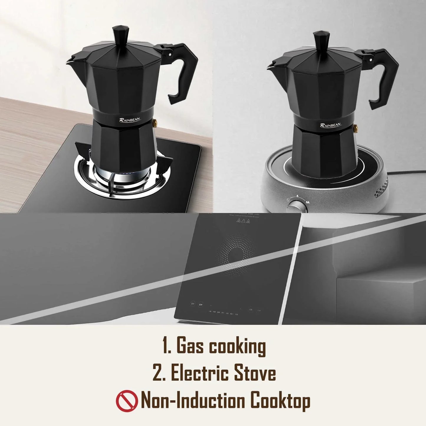 Rainbean Coffee Maker Stovetop Espresso Maker Camping Coffee Makers Electric Moka Pot Classic Percolator Italian - 2 Mugs