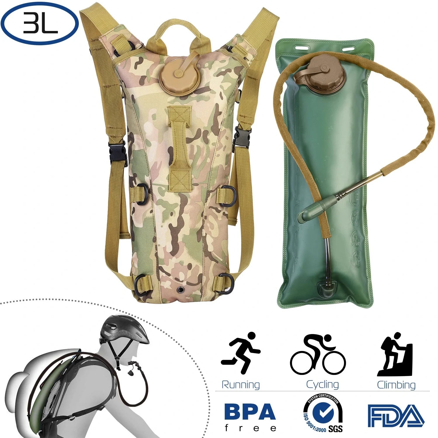 Tactical Hydration Backpack Water Pack Hydration Bladder Leak Proof 3L Water Bag for Camping Running Climbing Biking Hiking