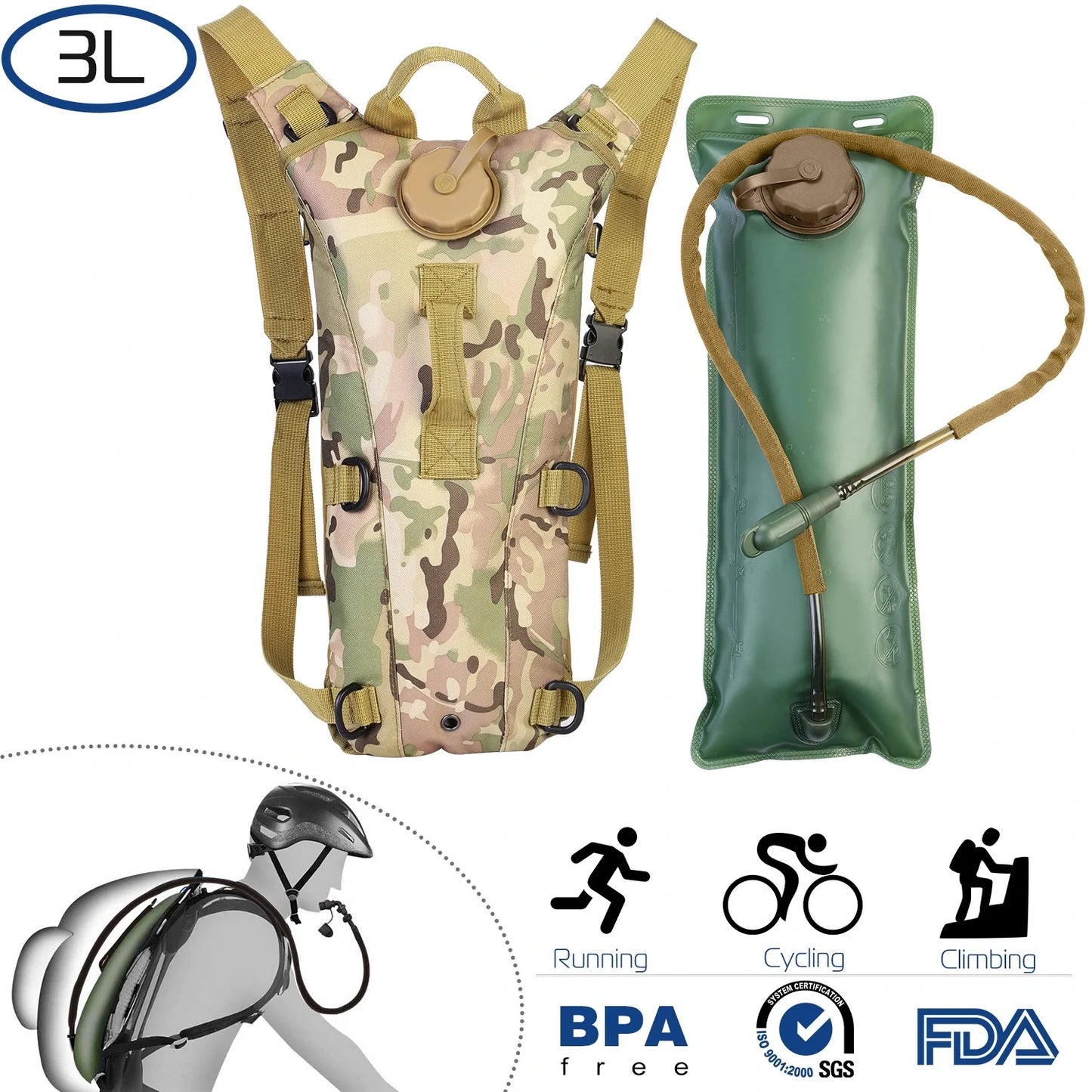 Tactical Hydration Backpack Water Pack Hydration Bladder Leak Proof 3L Water Bag for Camping Running Climbing Biking Hiking