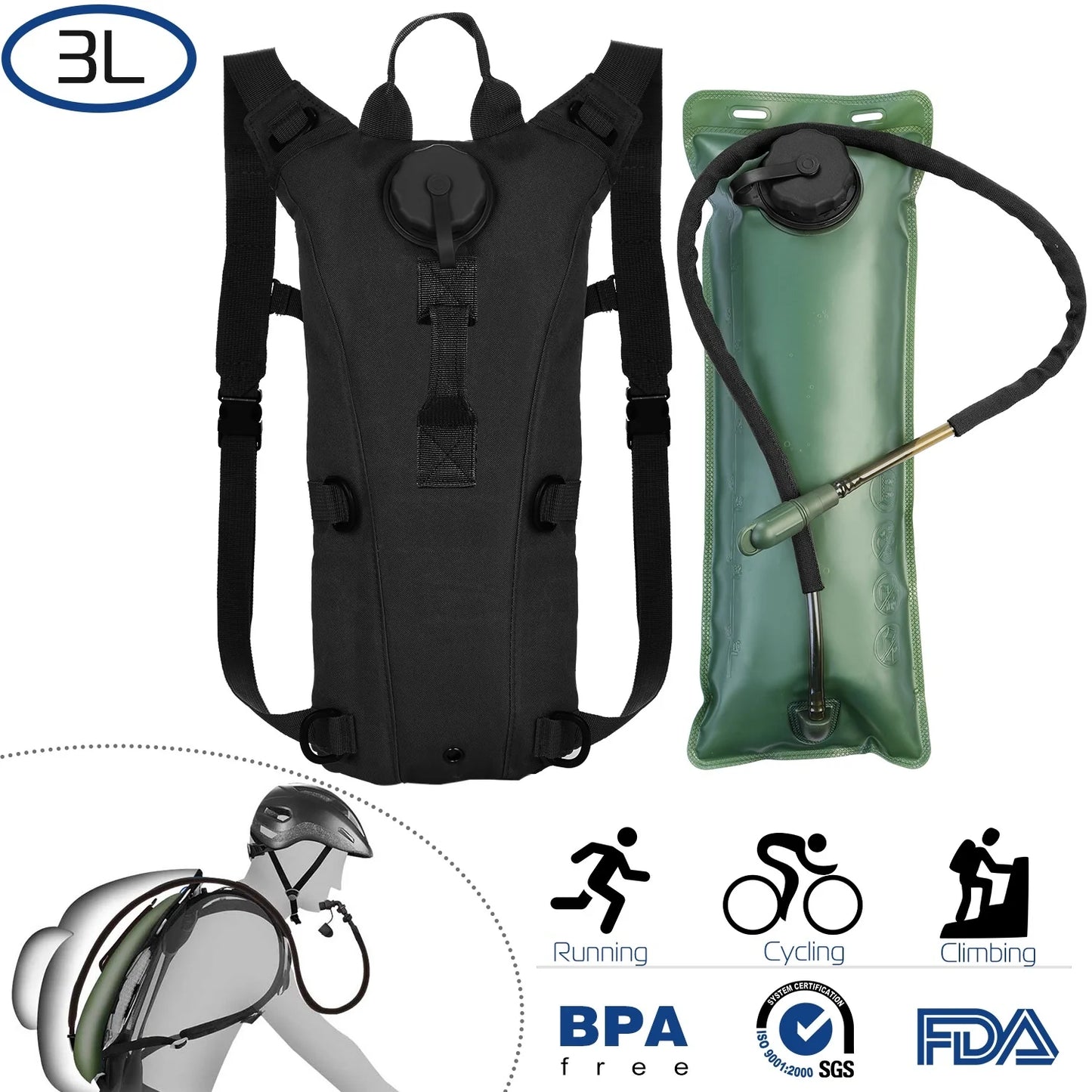 Tactical Hydration Backpack Water Pack Hydration Bladder Leak Proof 3L Water Bag for Camping Running Climbing Biking Hiking