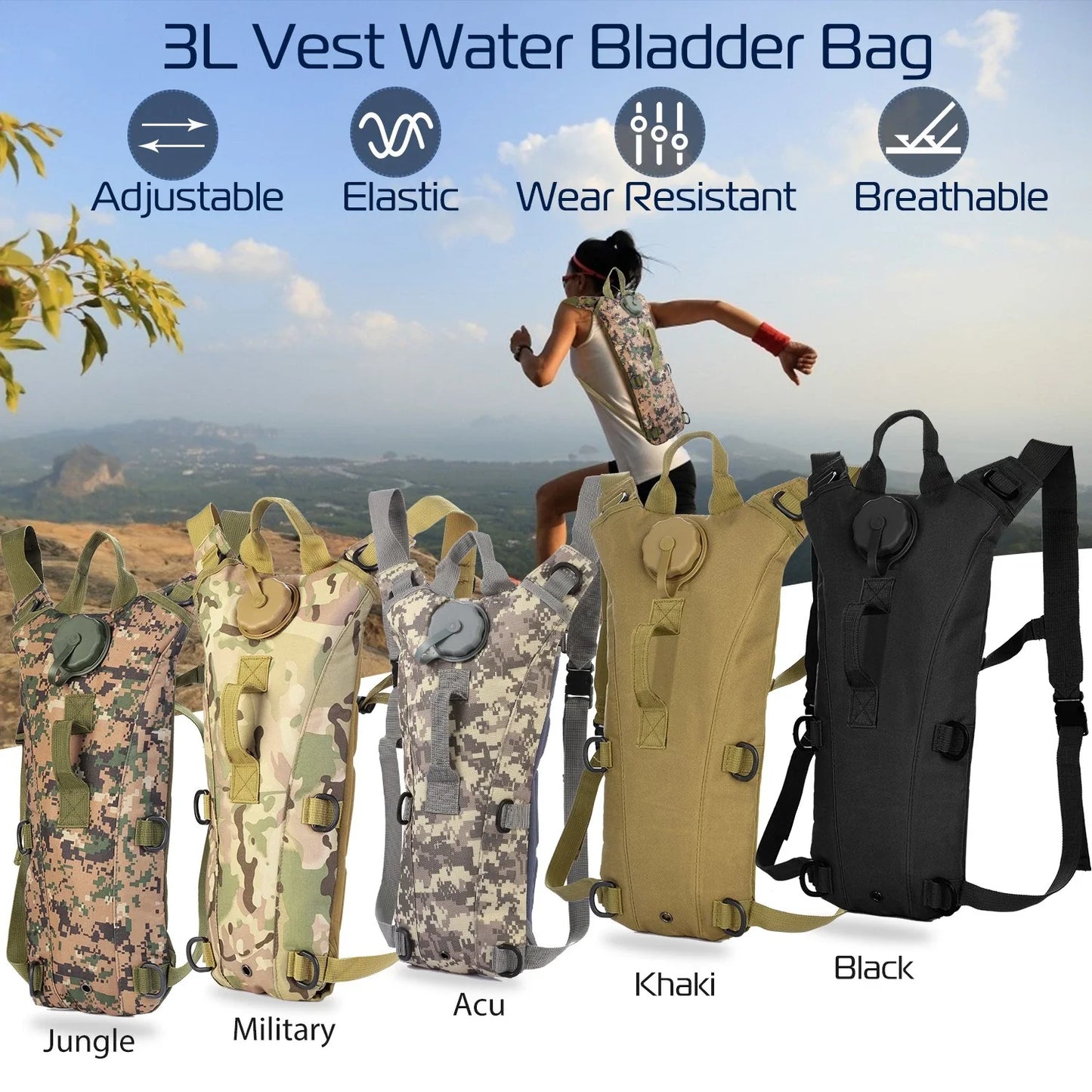 Tactical Hydration Backpack Water Pack Hydration Bladder Leak Proof 3L Water Bag for Camping Running Climbing Biking Hiking