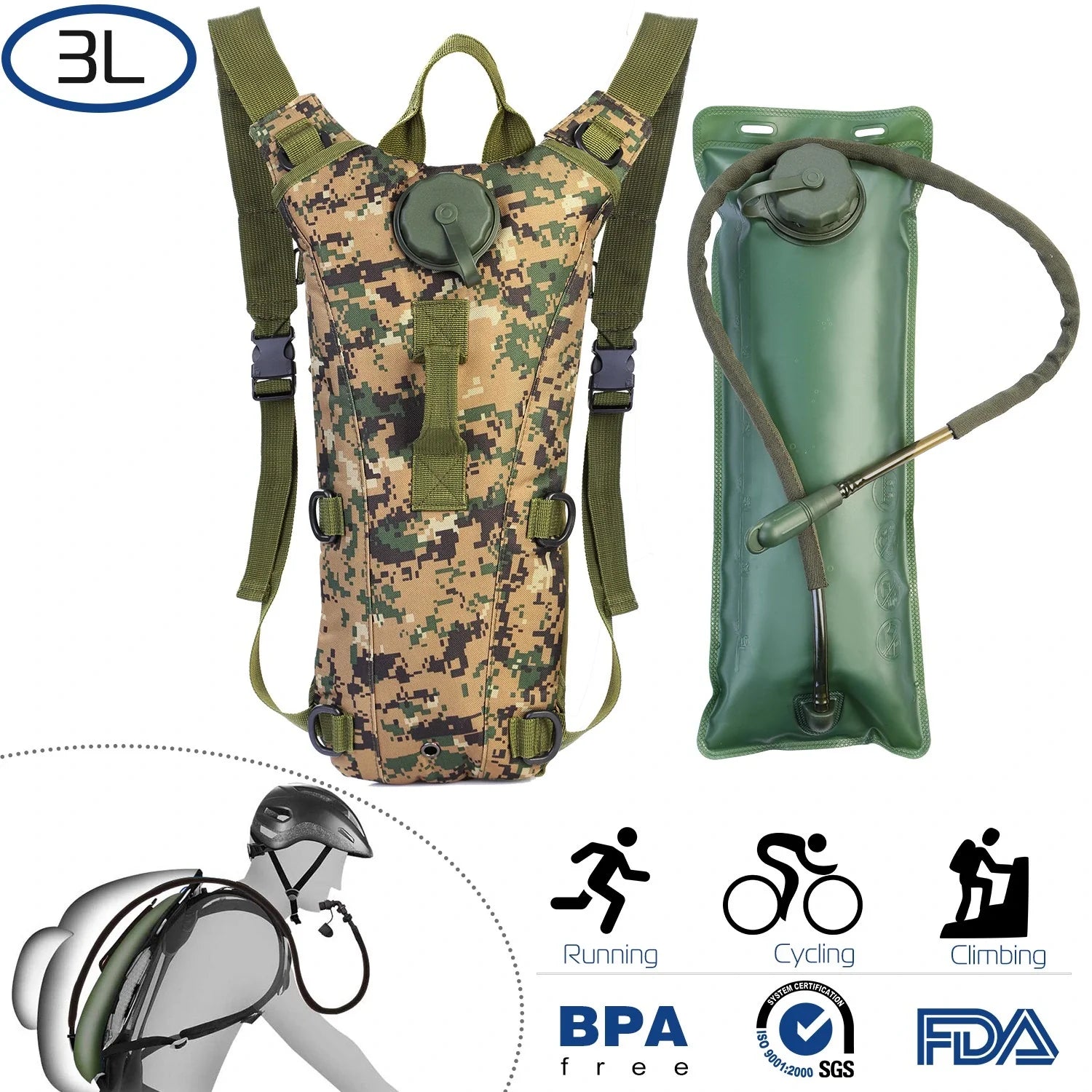 Tactical Hydration Backpack Water Pack Hydration Bladder Leak Proof 3L Water Bag for Camping Running Climbing Biking Hiking