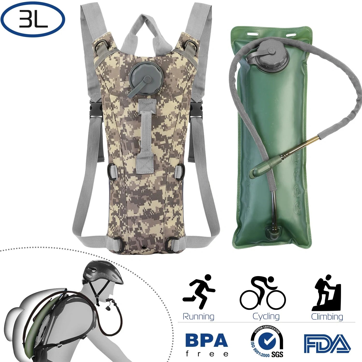 Tactical Hydration Backpack Water Pack Hydration Bladder Leak Proof 3L Water Bag for Camping Running Climbing Biking Hiking