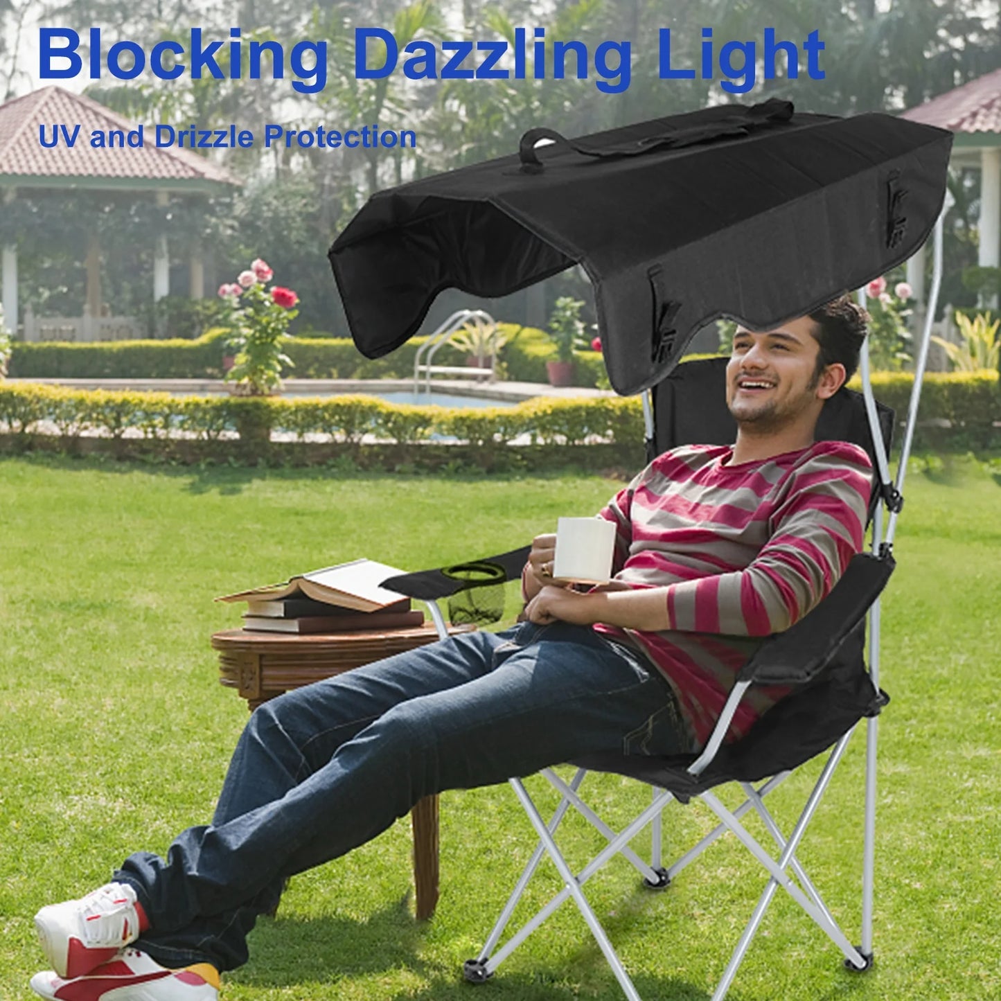 YSSOA Beach Lounge Chair With Sunshade - Camping Chair with Canopy for Hiking, Outdoor & Travel - Black with Cup Holder