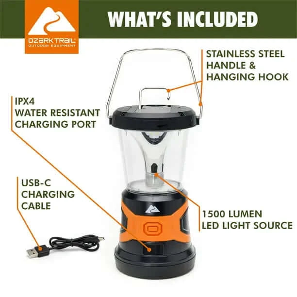 1500 Lumens LED Hybrid Power Lantern with Rechargeable Battery and Power Cord, Black