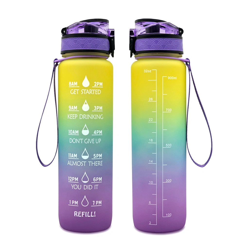 Water Bottle With Time Marker Cute Reusable Sports Gym Leak Proof Refillable Hiking Camping Travel Water Bottle, 1L Tritan