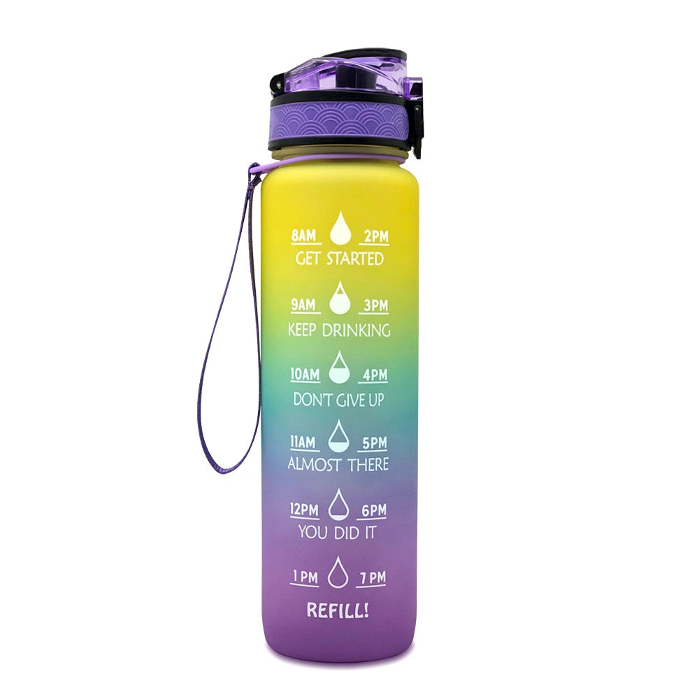 Water Bottle With Time Marker Cute Reusable Sports Gym Leak Proof Refillable Hiking Camping Travel Water Bottle, 1L Tritan
