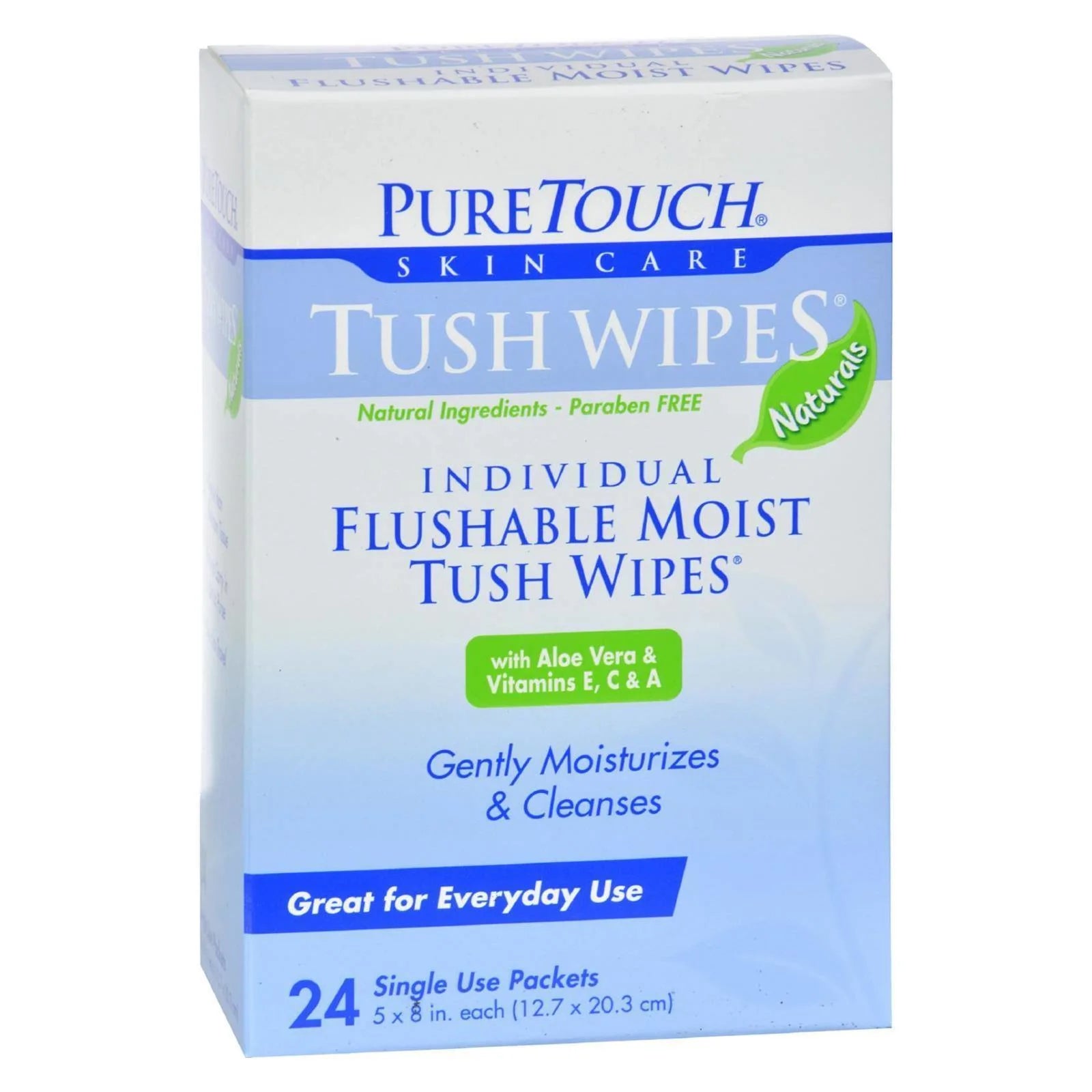 Puretouch Flushable Wipes - Moist Feminine Wipes Individually Wrapped Wet Tissue - 24 Packets Travel Size Personal Wipes
