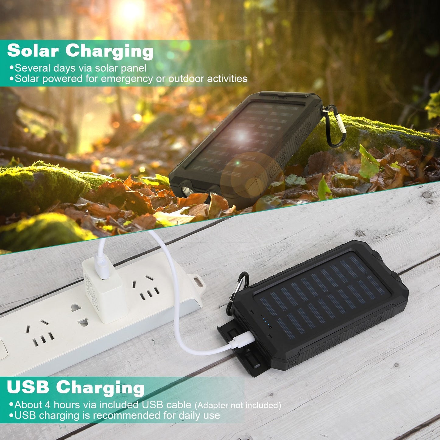 Portable 10000mAh Solar Charger Power Bank for Camping with Dual USB Ports, Battery Indicators, SOS LED Lights & Built-in Compass