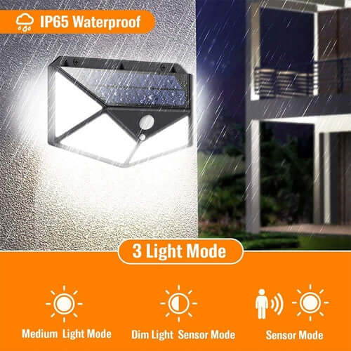 100-LED Solar-Powered Wall Light with 4 Adaptive Modes and PIR Motion Sensor: Waterproof