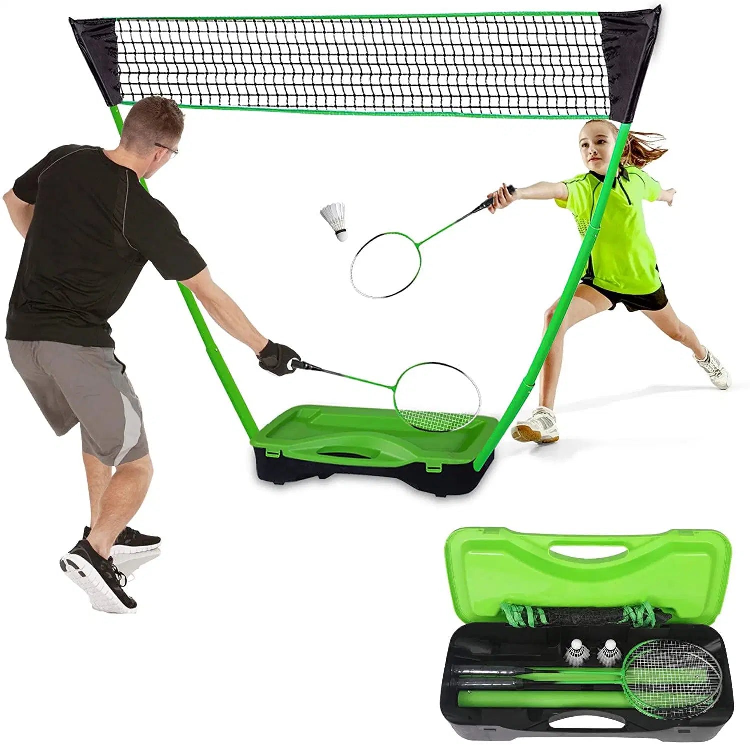 Portable Badminton Net Set Storage Box Base with 2 Battledores 2 Shuttlecocks Large; Green