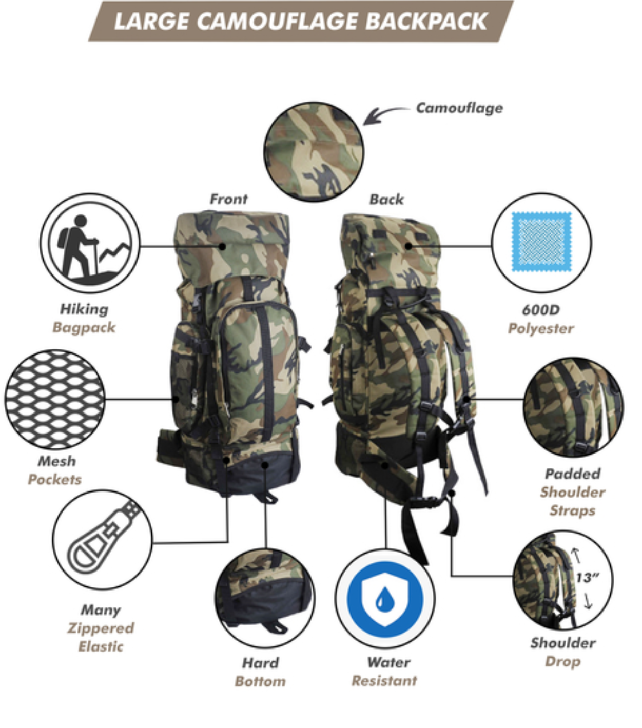 Travel Backpack - Waterproof Hiking & Camping Backpack - Large Lightweight Heavy Duty Outdoor Camouflage 30" Day Pack