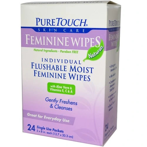 Puretouch Flushable Wipes - Moist Feminine Wipes Individually Wrapped Wet Tissue - 24 Packets Travel Size Personal Wipes