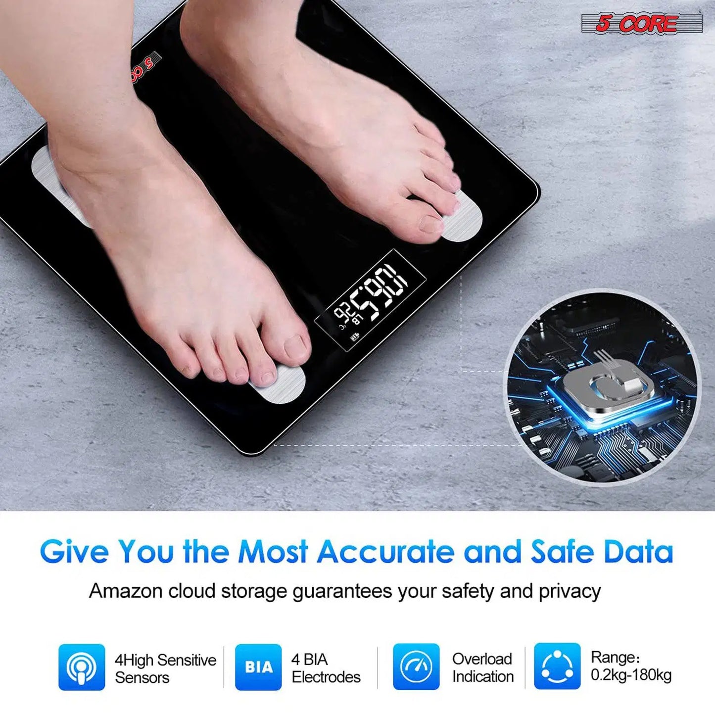 Bluetooth Smart Bathroom Scale: Body Fat, BMI, Water Weight Analyzer - 400 lbs