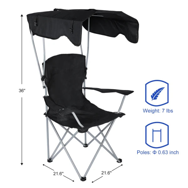 YSSOA Beach Lounge Chair With Sunshade - Camping Chair with Canopy for Hiking, Outdoor & Travel - Black with Cup Holder