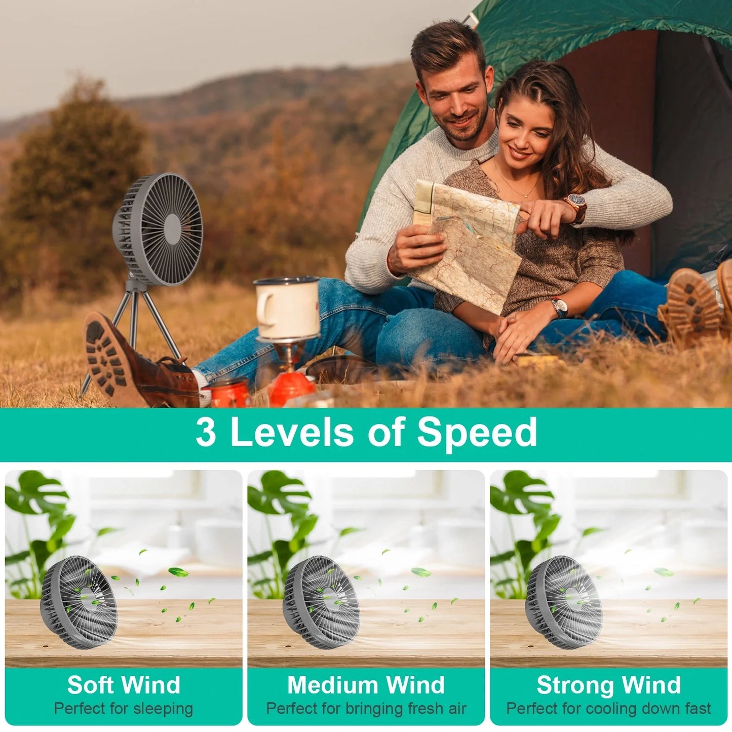 Portable Camping Fan - Tents Fan Rechargeable Battery Operated Fan - Personal Fan 3 Speed Setting for Travel Hiking Fishing