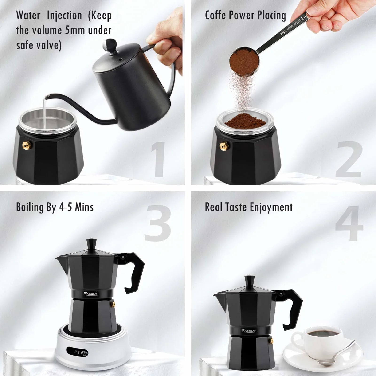 Rainbean Coffee Maker Stovetop Espresso Maker Camping Coffee Makers Electric Moka Pot Classic Percolator Italian - 2 Mugs